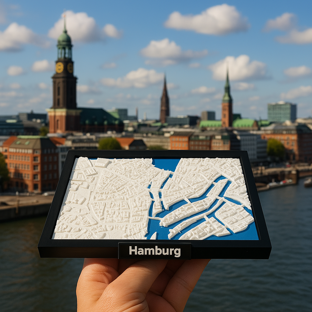 3D Geprinte Miniatuur van Hamburg – Gedetailleerde Stadskaart en Havengebied - Premium Quality